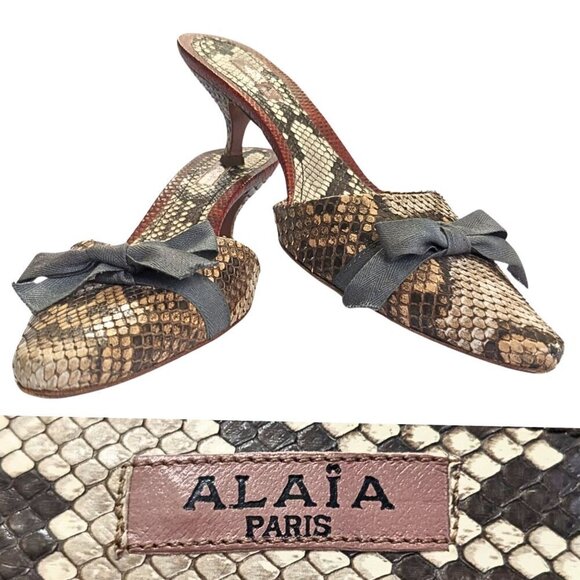 Alaia Shoes - Vintage 80s ALAIA Paris Snakeskin Mules Pointed Kitten Heel w/Gray Bow Sz 36/5.5